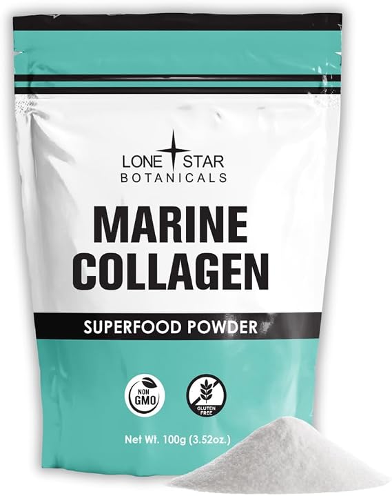 Lone Star Botanicals Marine Collagen Powder, 100% Superfood, USA Grown, Type 1 & 3 Skin and Hair Health Superfood, for Smoothies, Coffees, Cooking, Baking, and Teas. (100 Grams)