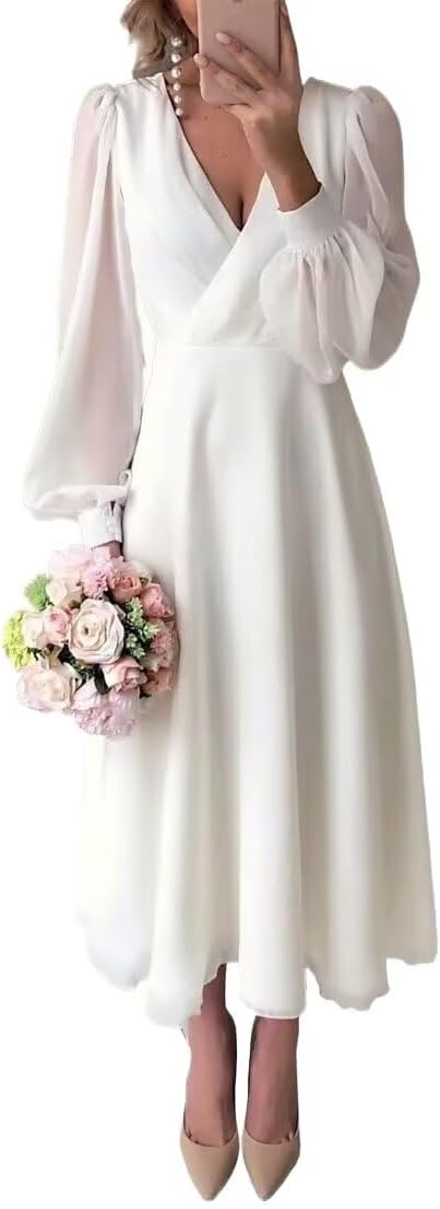 Women's Long Sleeve Wedding Dresses for Bride Tea Length Chiffon Bridal Dress A Line Midi Wedding Party Gown