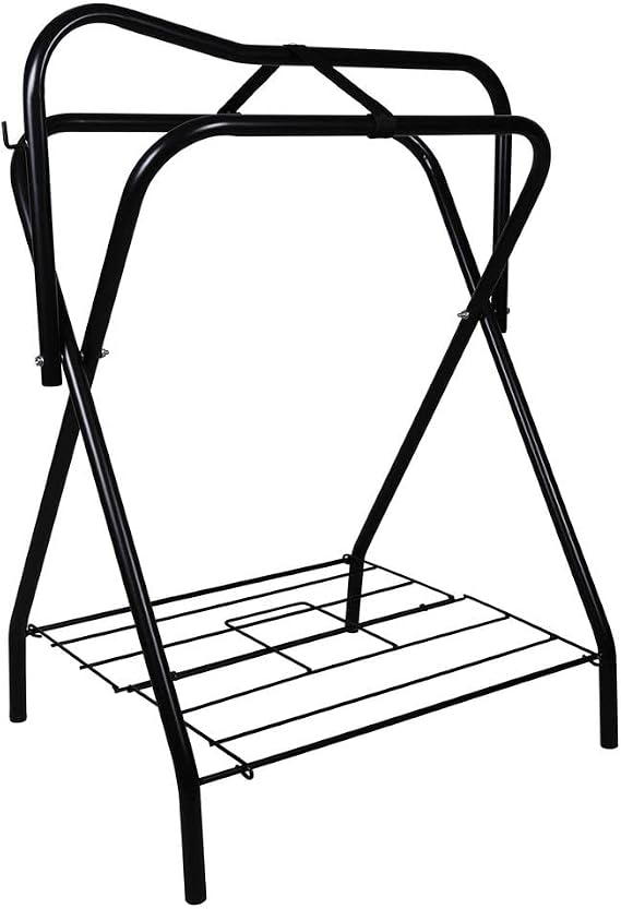 EASY-UP Folding Saddle Stand for Horses | Fits English & Western Saddles | Portable Freestanding Rack with Storage Shelf & Bridle Hook | Heavy-Duty Steel | Folds Flat | Color Black