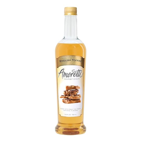 Amoretti - English Toffee Gourmet Syrup 750 ml, Flavor Coffees, Teas, Cocktails, other Beverages, and Drizzle on Desserts, Gluten Free, GMO/GEO Free, Preservative Free, 94 Servings Per Bottle