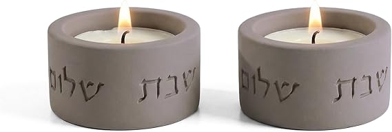 SURI Shabbat Candle Holders Set Modern Judaica Shabbat Candlesticks for Tea Lights Concrete Shabbos Candles Holders, Dripless Design Jewish Gift & Home Decor