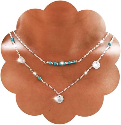 Tgirls Boho Turquoise Necklace Sequin Pendant Necklaces Layered Bead Necklace Chain Western Necklace Jewelry for Women