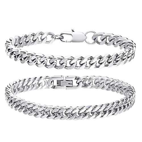 VNOX 2 Pcs Chain Bracelet for Men Women - Sturdy Stainless Steel Curb Width Cuban Link Chain Bracelet Set for Men Women,6.577.48.29 Inches