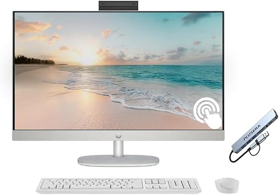 HP 27" FHD Touchscreen All-in-One Desktop Computer, Quad-Cores Ryzen 5 7520U, 16GB RAM 1TB SSD, Windows 11, Wireless Keyboard & Mouse, PLUSERA 8-in-1 Hub Included, White