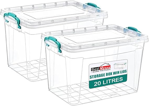 Best House| Plastic Storage Box with Clips & Lid | Size: 20L (L:43cm W:28cm H:27cm)| Set of 2| Rectangle |Stackable Clear Durable Multipurpose Office Home Kitchen Tools Versatile (MEDIUM Size)