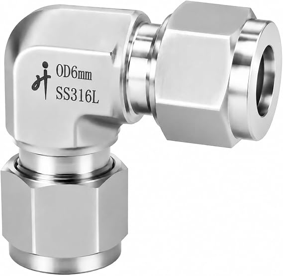 316 Stainless Steel Compression Tube Fitting 90 Degree Elbow Union 6mm OD x 6mm OD Connector with Double Ferrules for Oil, Chemical, and Natural Gas Connections
