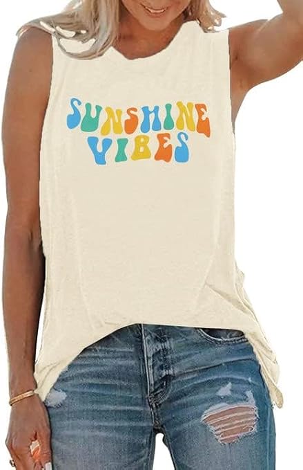 Sunshine Vibes Letter Print Vest T Shirt Women's Summer Sleeveless Graphic Tank Tops Casual Loose Workout Tees