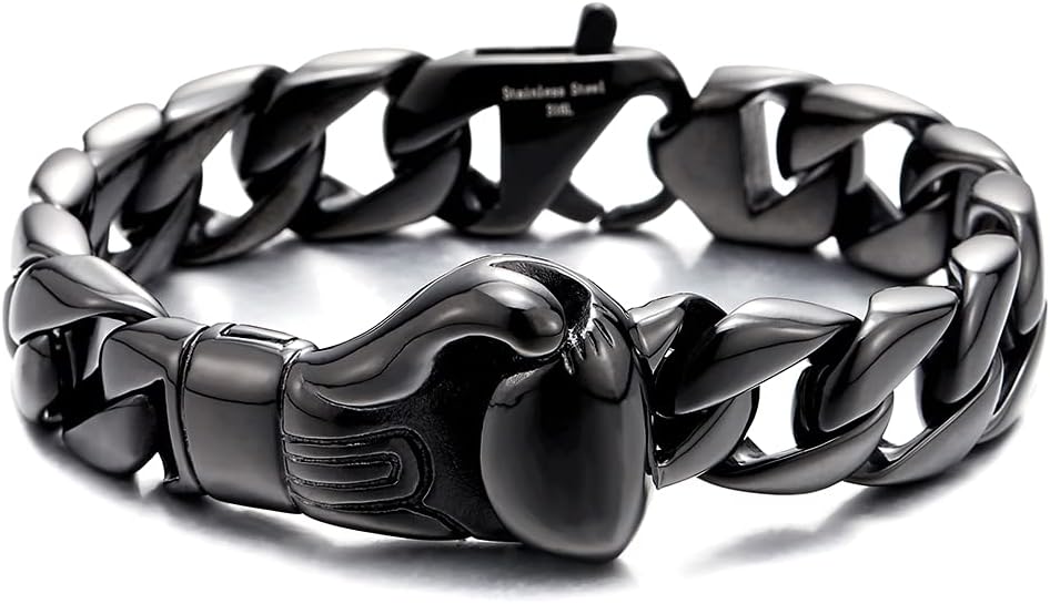 Unique Mens Stainless Steel Curb Chain Link Bracelet with Boxing Glove Silver Color Polished