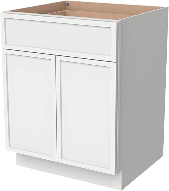 Solid Wood Frame Double Door Shaker Base Cabinet with 1 Drawer Soft Close, Kitchen Storage Cabinet with Adjustable Shelf, Premium Plywood Construction (NT-Origami White, 24"W x 24"D x 34.5"H)