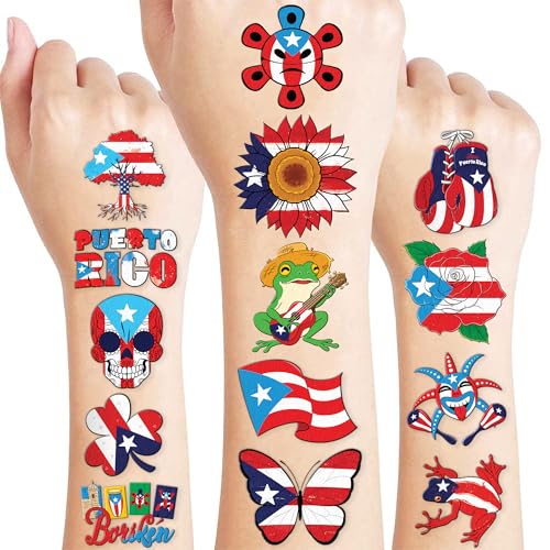 96 PCS Puerto Rico PR Puerto Rican Flag Pre-Cut Temporary Tattoos for Kids | Super Cute Themed Birthday Party Favors, Supplies, Decorations, Fake Tattoo Stickers multiple