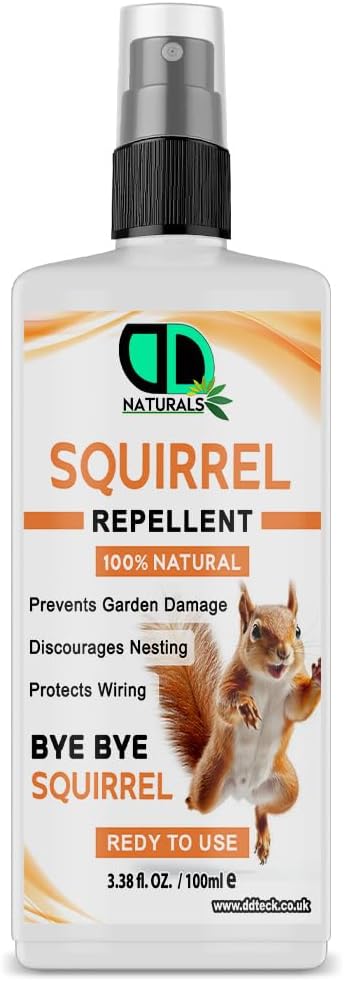 100% Natural Squirrel Repellent Spray - Prevents Garden Damage, Discourage Nesting, Protect Wiring, Prevents Chewing on Outdoor Furniture, Lofts & Attics | Pet-Safe, Non-Toxic (100ml Spray)