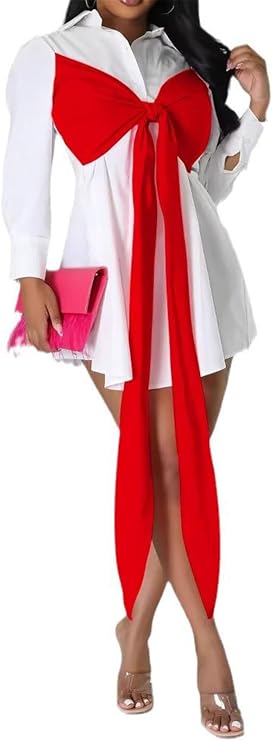 Qikaka Women's Long Sleeve Lapel Colorblock Lace Up Button Bodycon Sexy Nightclub Party Blouse Dress