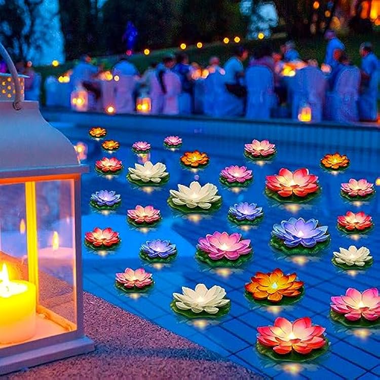 Liliful 36 Pcs Floating Lights Lotus Floating Lanterns Artificial Lily Pads with LED Lights Battery Operated for Pool Party Garden & Pond Summer Decoration 3.94,5.91 Inch,Rich Color