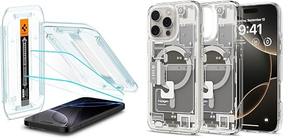 Spigen iPhone 16 Pro Glass Screen Protector Easy Installation Glas.tR EZ Fit Slim HD (2 Pieces) - AGL07928 & iPhone 16 Pro Case Ultra Hybrid