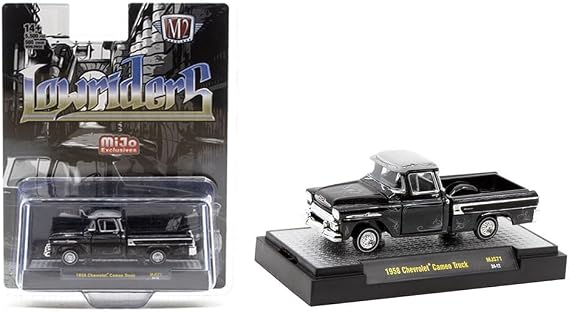 1958 Chevy Cameo Pickup Truck Black Metallic with Graphics and Gray Top Lowriders Limited Edition to 5500 Pieces Worldwide 1/64 Diecast Model Car by M2 31500-MJS71