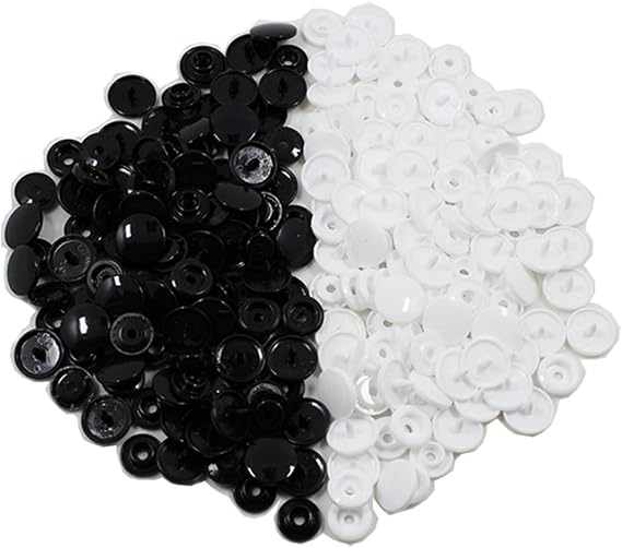 100 Sets KAM Long Prong Plastic Snaps, Size 20 T5 Glossy Round Resin Plastic Fasteners No-Sew Buttons for Clothing Crafts (White, Black)