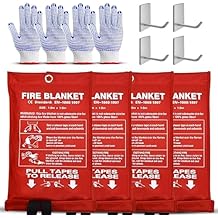 Fire Blanket 4 Pack, 1m x 1m Fiberglass Emergency Blanket with Heat Resistant Gloves & Hooks, for Use in Kitchen, Home, Car, Camping, Small Fire Safety Situations