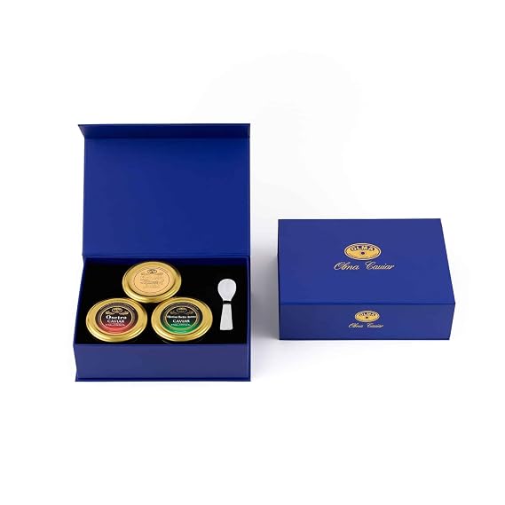 OLMA Deluxe Caviar Gift Box - Includes Beluga Sturgeon, Osetra, Siberian Osetra Aurora & Mother of Pearl Serving Spoon - Overnight Delivery
