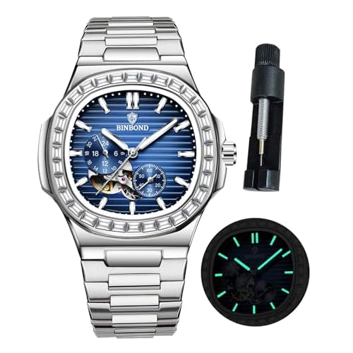Silver Automatic Watches for Men Stainless Steel Skeleton Tourbillon Mechanical Self Winding Business Dress Diamond Mens Wrist Watch Waterproof Luminous