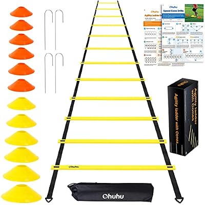 Agility Ladder Speed Training Set: Ohuhu 12 Rung 20ft Soccer Training Equipment for Kids with 12 Cones, 4 Steel Stakes, Instruction Manual & Carrying Bag for Football Exercise Sports Footwork Training