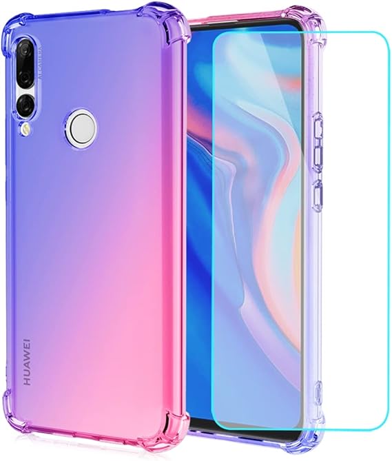for Y9 Prime 2019/Honor 9X/P Smart Z STK-LX1 Case with Tempered Glass Screen Protector,Cute Clear Gradient Slim Shockproof TPU Back Phone Protective Cover for Huawei Y9 Prime 2019 (Blue/Pink)