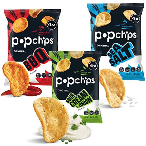 popchips Potato Chips Variety Pack Single Serve Bags, 3 flavors: 12 Sea Salt, 12 BBQ, 6 Sour Cream & Onion, 0.8 oz Bags Each, Pack of 30,Red,F-AR-94005