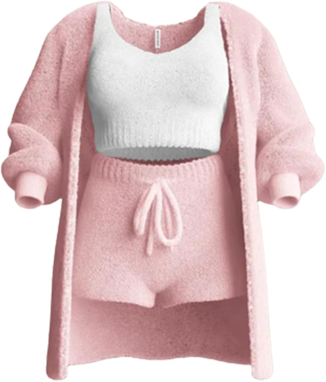 yonasu The Cozy Knit Set, Warm Hooded Cardigan Crop Top Shorts Set, Fleece Hooded Cardigan Crop Tank Shorts Nightwear