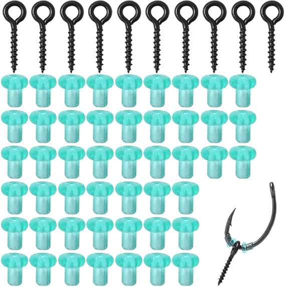 Fishing Hook Stoppers Set, 10 Screw Eyes and 42 Rubber Stops, Black, for Carp Rig