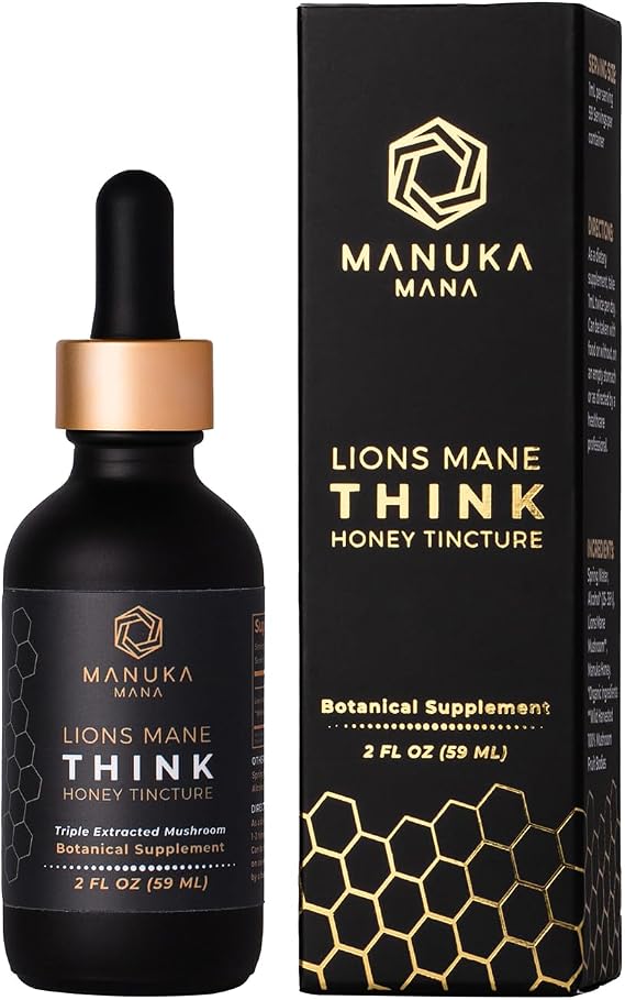 Lions Mane Think Honey Tincture USA Wild Harvested Lions Mane, Triple Extracted Tincture, Manuka Honey (MGO 150+), 100% Fruiting Body, 2 fl oz (60 Servings)