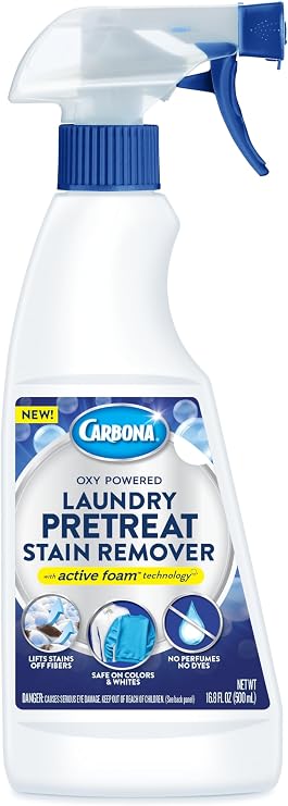 Carbona Laundry Pretreat Stain Remover Spray | Oxy-Powered Formula Works On 100+ Stains | Safe on Colors & Whites | 16.8oz