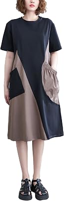 ellazhu Womens Short Sleeves Color Block Patchwork Casual T-Shirt Dress Whith Pockets GA2732 A