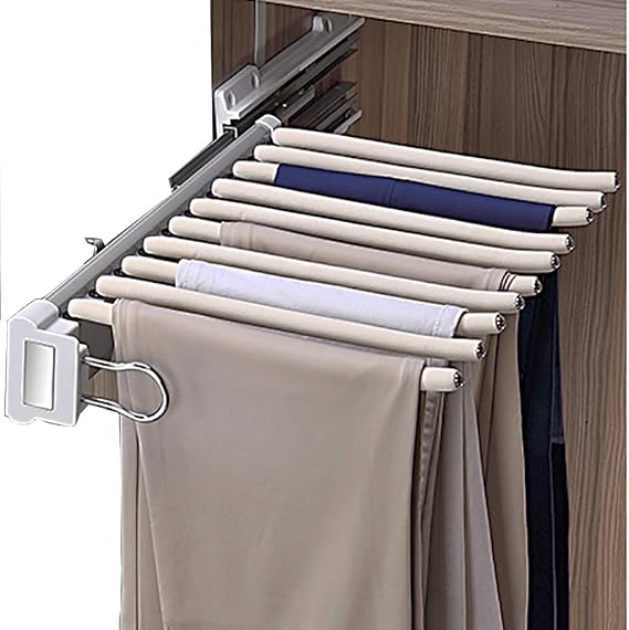 Single-row Wardrobe Organizer Storage Rack Push-pull Hanger for Storing 10 Pants Trousers Jeans Scarf,SGS Certified Damped Sliding Rail-White Decoration