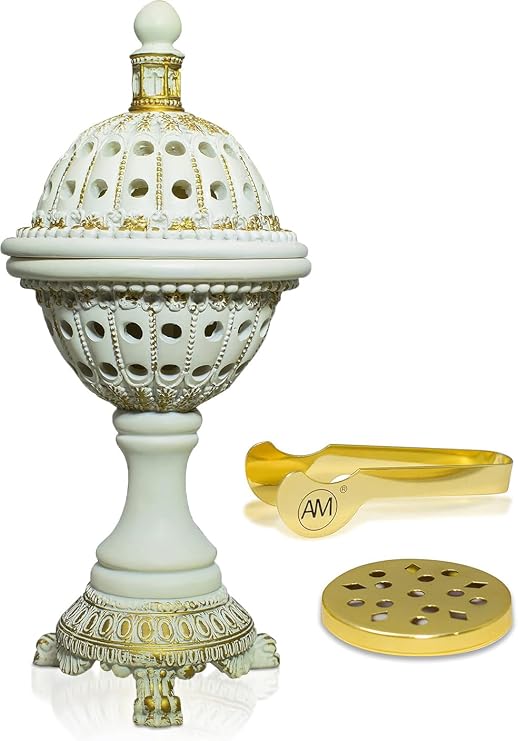 AM Luxury Globe Incense Burner - Bakhoor Cone Holders | Frankincense Charcoal Burner | Mabkhara | for Office & Spiritual Decor (White)