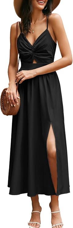 Kikibell Women Summer Sexy V Neck Spaghetti Strap Midi Dresses Tie Backless Slit Flowy Boho Beach Long Dress with Pockets