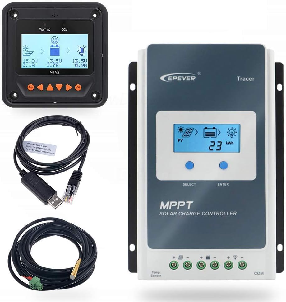 EPEVER® 30A MPPT Solar Charge Controller 12V/24V Intelligent Solar Charge Regulator with MT50 Remote Meter and Temperature Sensor and RS485 Cable - Tracer 3210AN Set