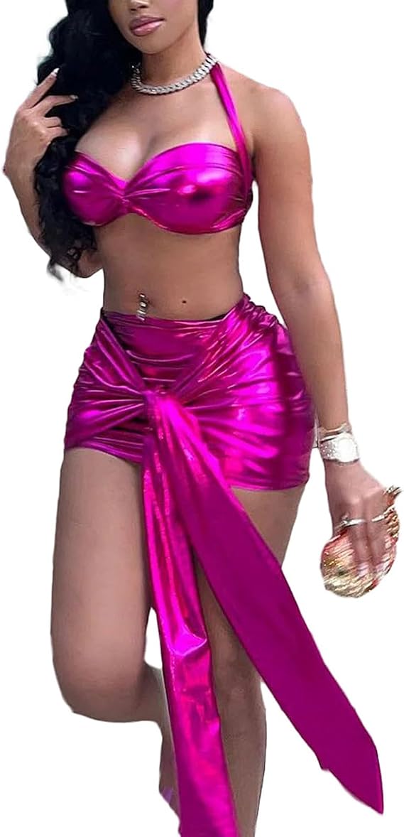 Rave Outfits for Women Festival Sexy Metallic Two Piece Sleeveless Halter Top and Bandage Mini Skirts Set