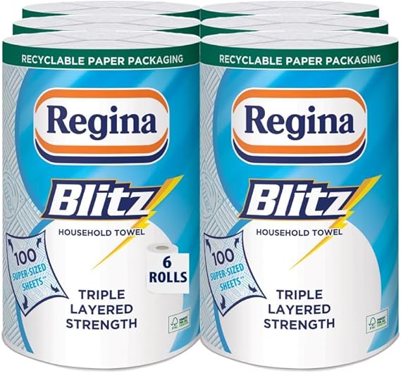 Regina Blitz Household Towels 6 Rolls Per Pack, 3-ply Kitchen Roll, 100 Sheets Per Roll, Paper Packaging, FSC Certified Paper, Recyclable Packaging, Larger Than Standard Kitchen Roll Sheets