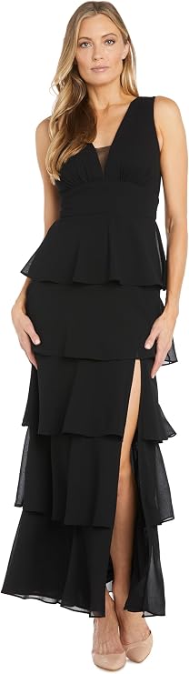 Elegant Tiered Georgette Maxi Dress W/Deep V-Neck, Mesh Detail & Side Slit