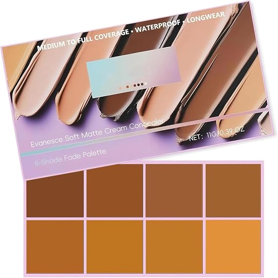 Pimby Foundation, Evanesce Soft Matte Cream Concealer 8 Shade Fade Palette, with Applicator Waterproof Full Coverage Cream for Blemishes & Cover, Long-Lasting Lightweight Formula Safe (Dark color)