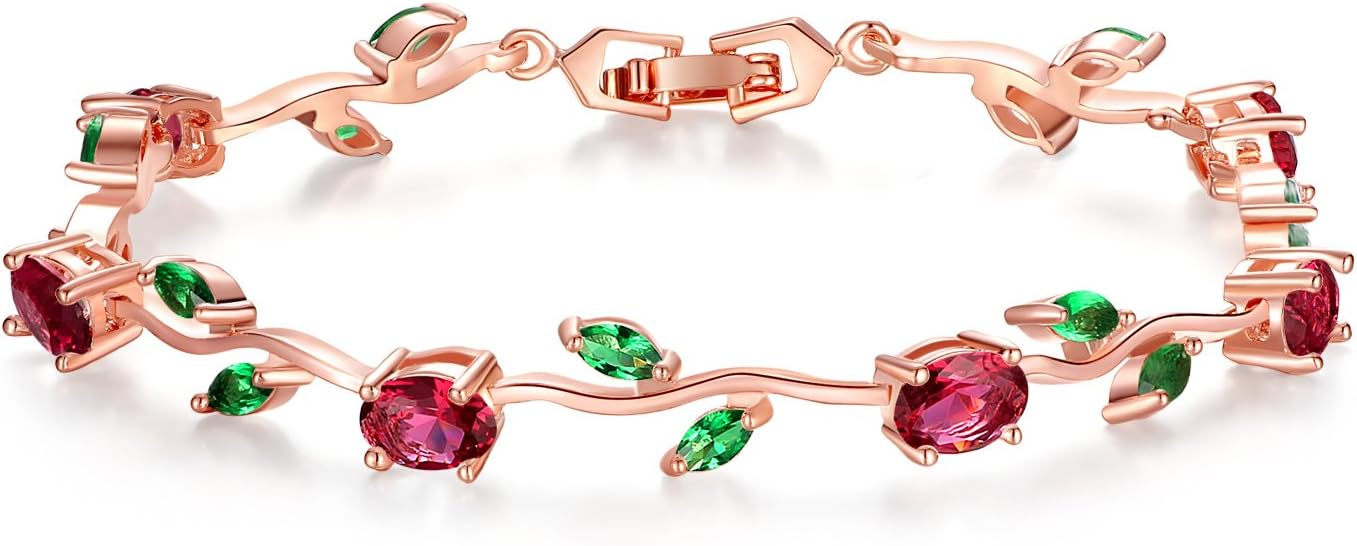 14K Gold Plated 7 in Bracelet for Women Flower Vine Ruby Tennis bracelet