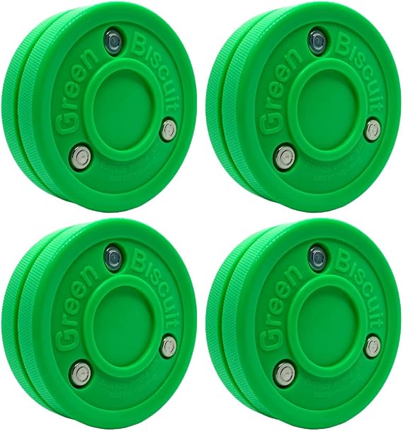 Green Biscuit Original 4 Pack Off Ice Hockey Pucks, Official Street Hockey Puck to Improve Stickhandling and Passing Skills