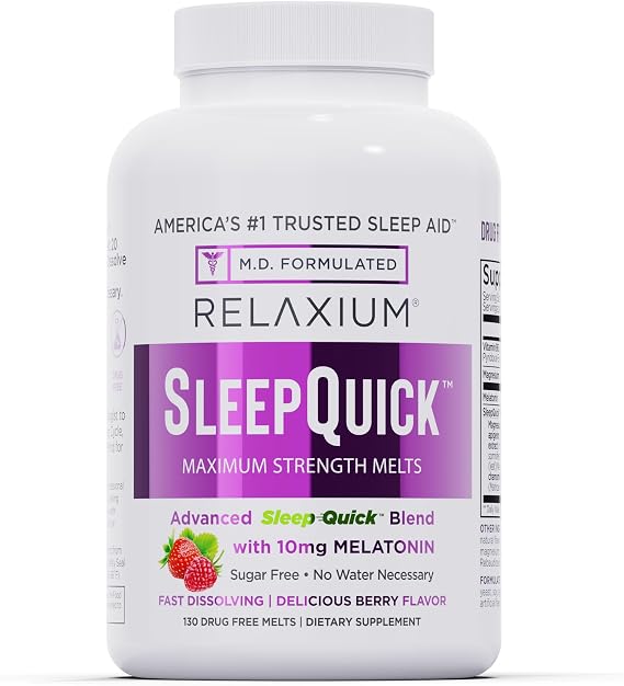 Relaxium Sleep Quick Maximum Strength Melts, Fast Acting Sleep Aid with 10 mg Melatonin, Drug Free Dietary Supplement, Vegan, Gluten Free, Made in USA, Berry Flavor (130 Servings)