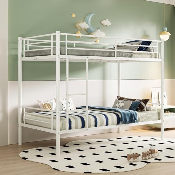 Metal Bunk Bed Twin Over Twin with Ladders & Guardrail, Industrial Beds Frame Heavy Duty 2 in 1, Space-Saving for Bedroom, Dormitory (White)