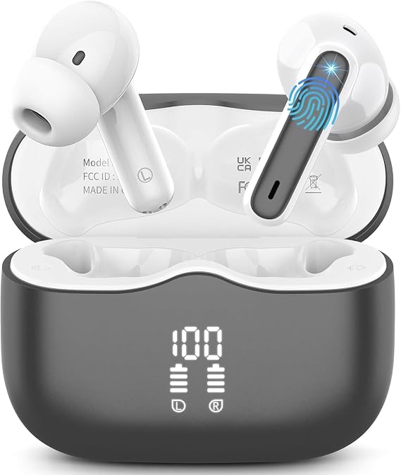 Wireless Earbuds, Bluetooth 5.3 Headphones in Ear with HiFi Stereo Deep Bass, 4 ENC Noise Cancelling Mic Wireless Earphones 40H, in-Ear Earbud Bluetooth Dual LED Display IP7 Waterproof, Dark Grey