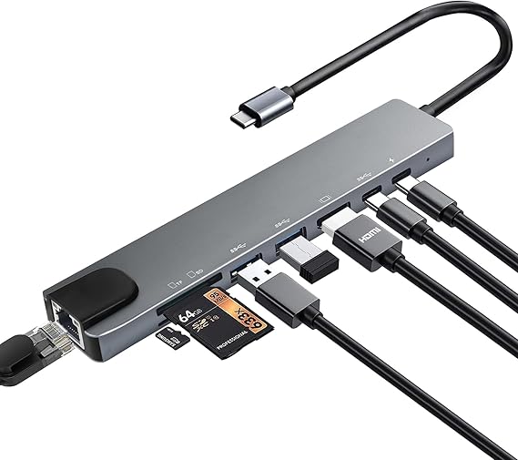 USB C Hub with Ethernet Adapter, 8 In 1 USB-C Multiport Adapter with 100W PD, 4K HDMI, USB 3.0/2.0, Type-C Port, SD/TF Card Reader, Type C Hub for MacBook, Acer, Laptops, Surface, iPad, and More