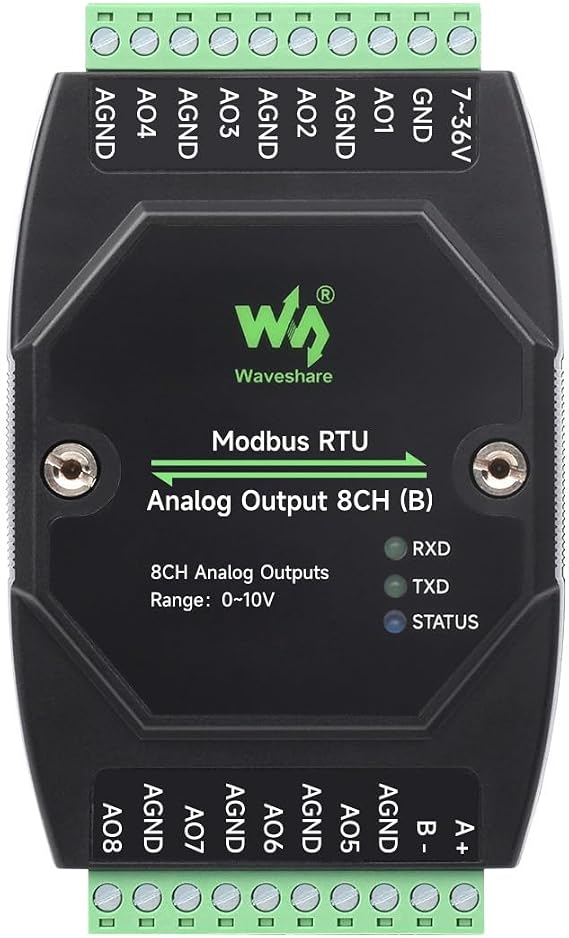 Waveshare Industrial 8-Ch Analog Output Module, 12-Bit DA Conversion, Supports 8-Ch Simultaneous Voltage Output, DC 7~36V Wide Voltage Power Supply, Modbus RTU Protocol, Rail-Mount Support