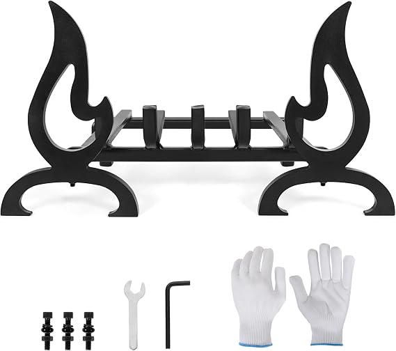 Fireplace Grate 17 inch with Fireplace Andirons, Fireplace Log Grates with Decorative Andirons for Wood Burning, Log Grate for Fireplace Heavy-Duty and Stylish Fire Shape Design