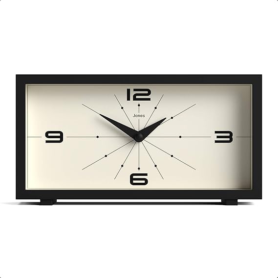 JONES CLOCKS Odeon Desk Clock | Modern Rectangular Design | Black | Stylish Retro Look for Shelf, Table, Mantel or Bedside