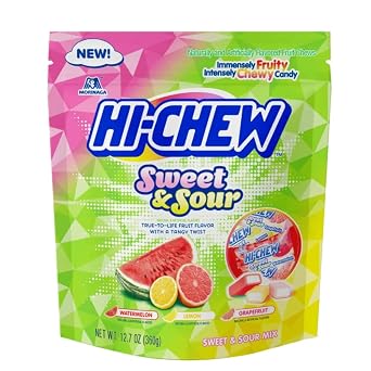 Hi-Chew Chewy Fruit Candies SWEET & SOUR Mix Flavors Stand-Up Bag 12.7 Oz. with Adorable Storage Bag Clip Sweet & Sour Mix Watermelon, Lemon, Grapefruit