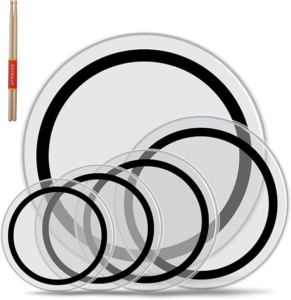 Ktaxon 5 Pieces Drum Heads, 22 Inch Bass Drum Drumheads, Black & White | 12" 13" 14" 16" 22" PET Drum Head Kit W/ Foam Ring and a Pair of Drumsticks, Standard Drumhead Pack Fit for Rock & Metal